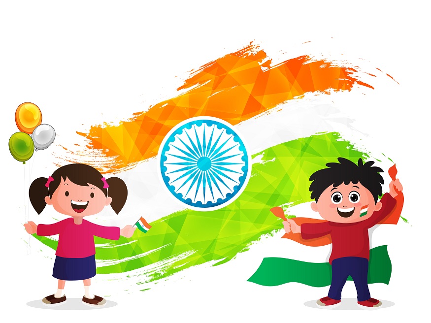 Independence Day background with cute kids and Creative Indian Flag design made by abstract geometric brush strokes.