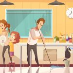 Kids Helping Cleaning Cartoon Poster