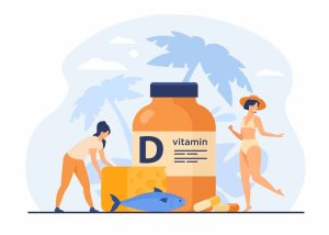 Tiny women eating fatty fish, vitamin D, cheese and sunbathing