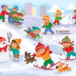 Vector illustration of little children playing outdoors in winter