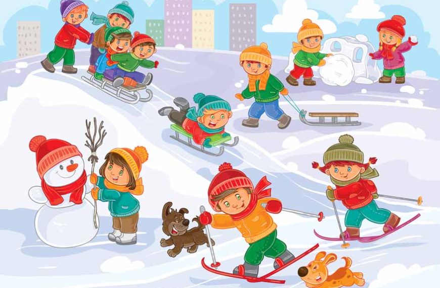 Vector illustration of little children playing outdoors in winter
