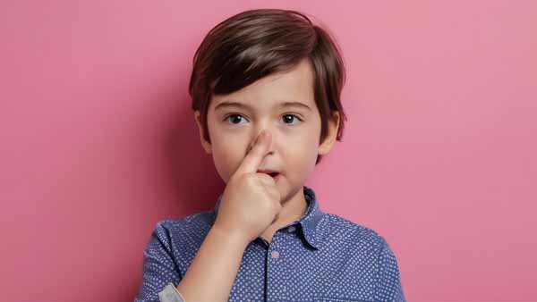 A kid pointing finger towards the nose